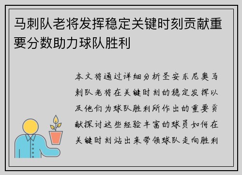 马刺队老将发挥稳定关键时刻贡献重要分数助力球队胜利