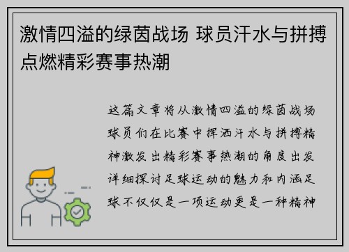 激情四溢的绿茵战场 球员汗水与拼搏点燃精彩赛事热潮