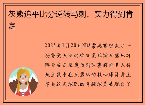 灰熊追平比分逆转马刺，实力得到肯定